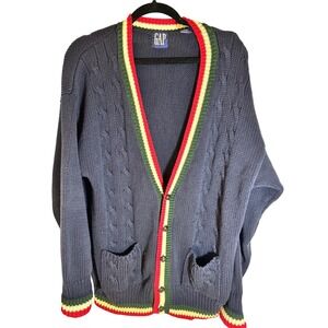GAP Vintage Men's Navy Cable Knit Cardigan Sweater‎ Multi Stripe Trim Size M